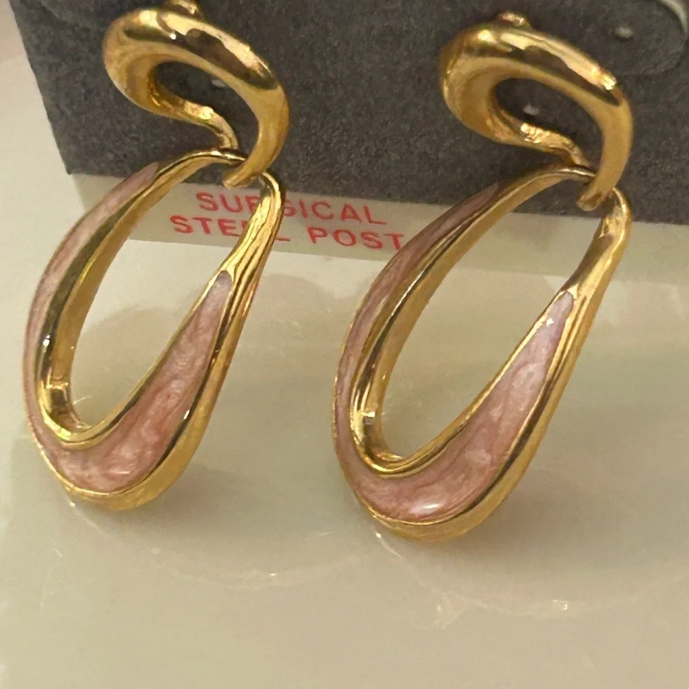 Gold Clay Pink Loop Dangle Earrings Pierced NEW Vintage Surgical Steel Post